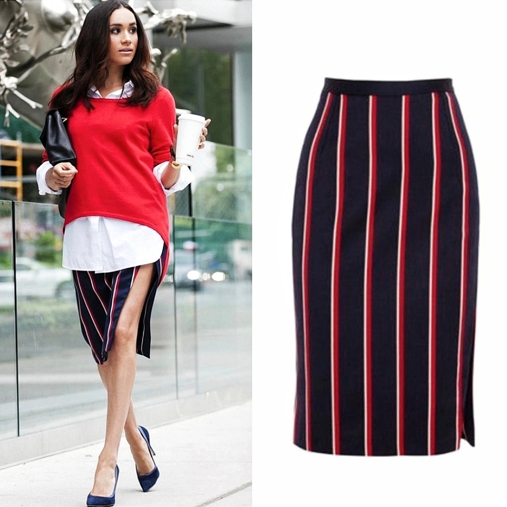 Altuzarra Monroe Stripe Patchwork Wool Midi Skirt x Meghan Markle